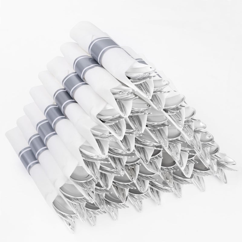 Joyido 400PCS Pre Rolled Silver Plastic Silverware Sets Heavy Duty Hammered Silver Cutlery Include 100 Pack Wrapped Disposable Utensils with Napkins for Parties Dinners Weddings